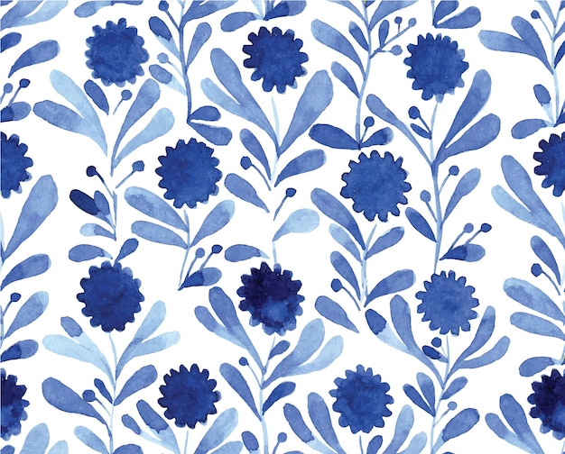 abstract seamless pattern with blue flowers and leaves on a white background. watercolor print