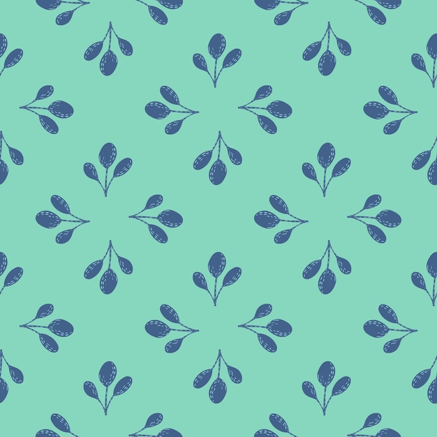 Abstract seamless pattern with blue leaf ornament. Turquoise bright background.