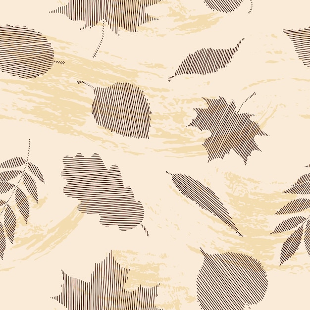 Abstract seamless pattern with brush strokes and leaves on a beige background Autumn theme