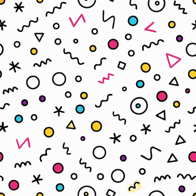 Abstract seamless pattern with colorful shapes and lines on a white background