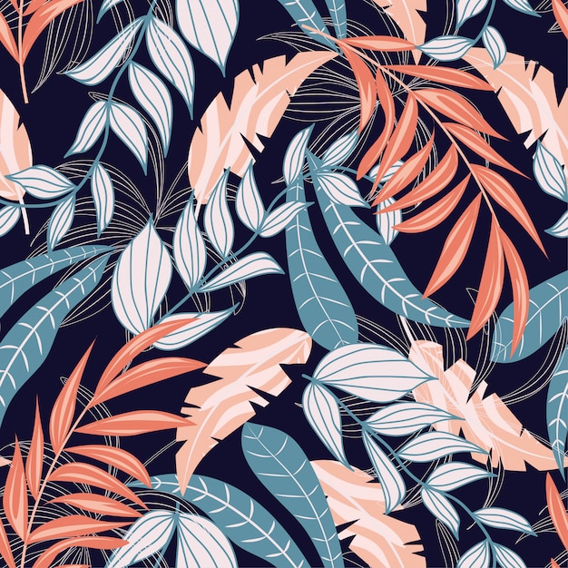 Abstract seamless pattern with colorful tropical leaves and bright plants on purple 