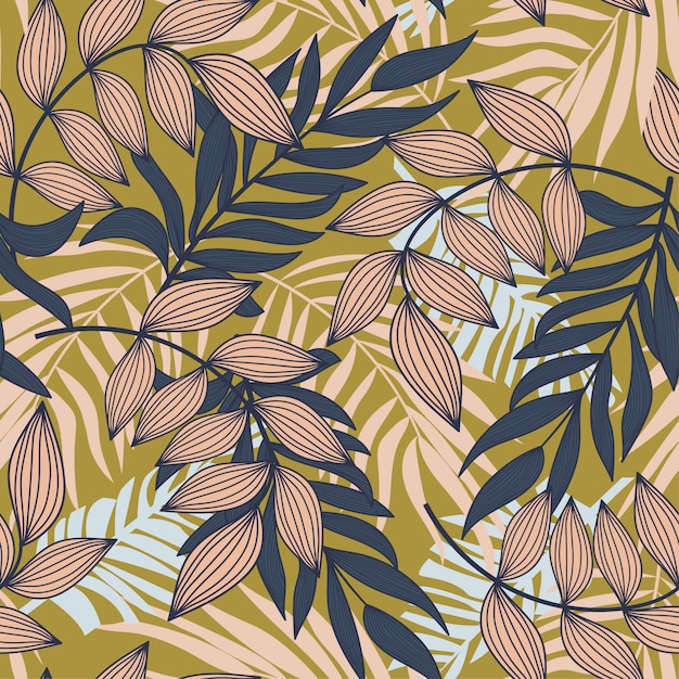 Abstract seamless pattern with colorful tropical leaves and plants on mustard background