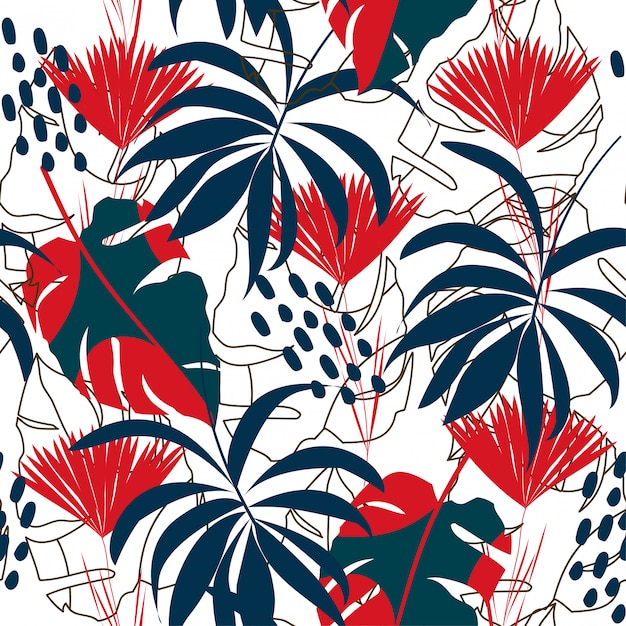 Abstract seamless pattern with colorful tropical leaves and plants on white background