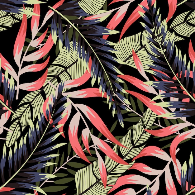 Vector abstract seamless pattern with colorful tropical leaves