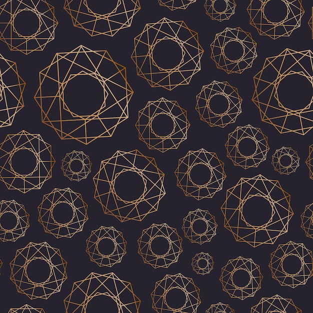 Abstract seamless pattern with geometric shapes of various size drawn with golden contour lines on black background. Geometrical backdrop. Vector illustration for wrapping paper, textile print.