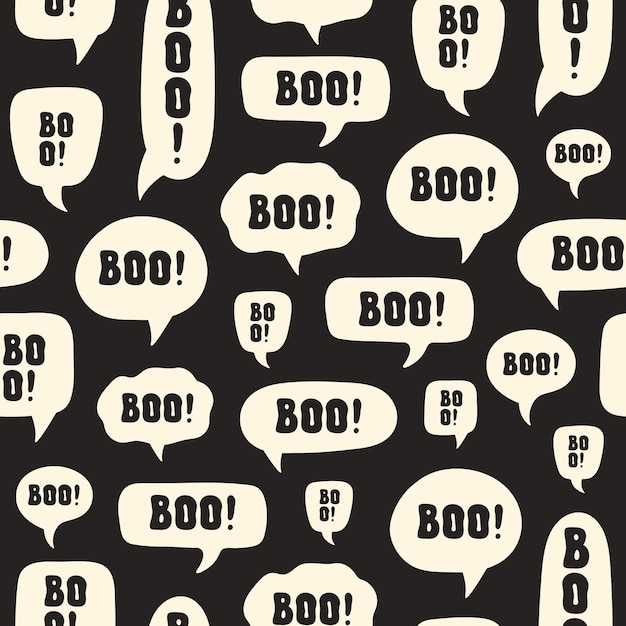 Abstract seamless pattern with halloween design of speech bubble and word BOO on black background