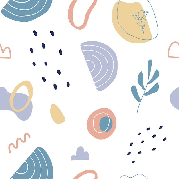 Abstract seamless pattern with hand drawn botanical and geometric shapes. Pastel natural colors