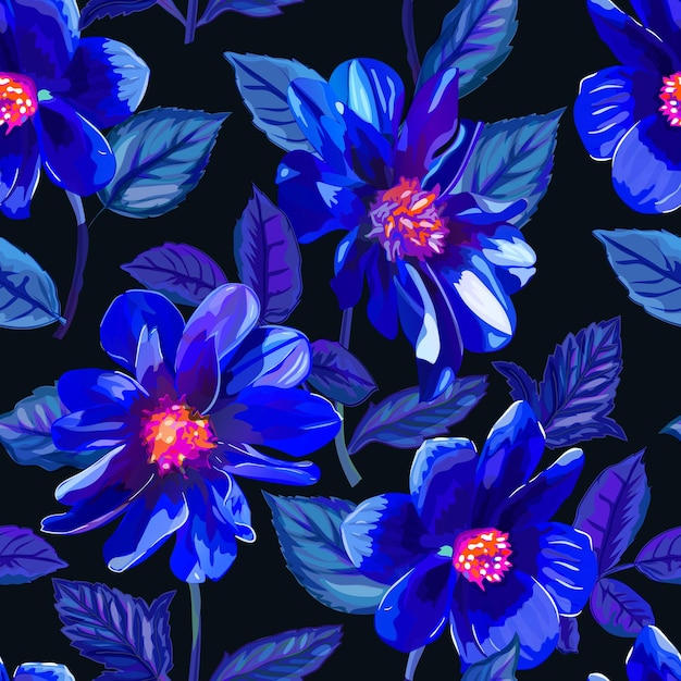 Abstract seamless pattern with isolated hand drawn colorful blue flowers on black background Vector