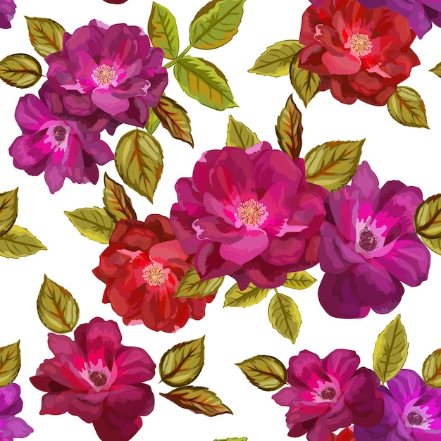 Abstract seamless pattern with isolated hand drawn red roses on