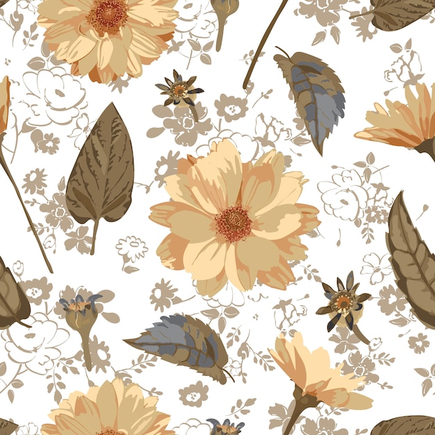 Abstract seamless pattern with isolated hand drawnflowers on floral background Vector