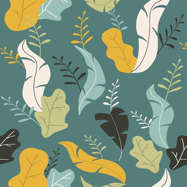 Abstract seamless pattern with leaves Floral design in dark color Exotic jungle plants on blue background Illustration for paper cover print fabric textile interior decor and other users