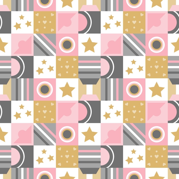 Abstract seamless pattern with squares stars lines and other elements