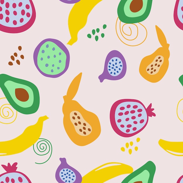 Abstract seamless pattern with tropical fruits of simple shape