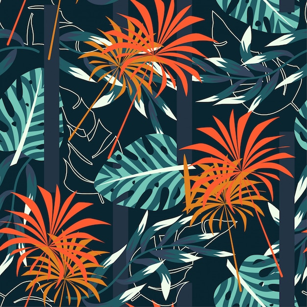 Abstract seamless tropical pattern with bright leaves and plants