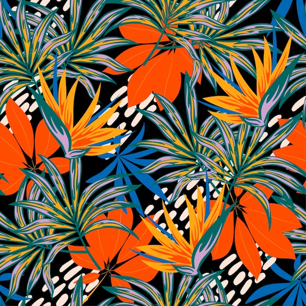 Abstract seamless tropical pattern with bright plants and leaves on a black background