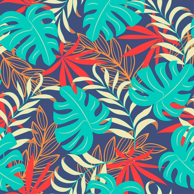 Abstract seamless tropical pattern with bright plants and leaves on a blue background