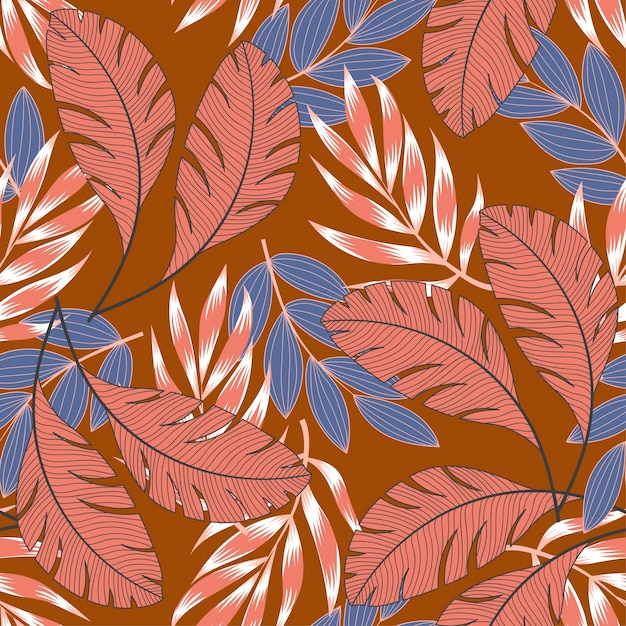 Abstract seamless tropical pattern with bright plants and leaves on a brown background