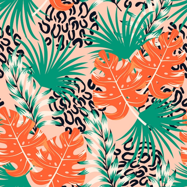 Abstract seamless tropical pattern with bright plants and leaves on a pink background