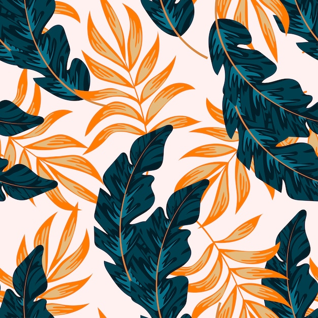 Abstract seamless tropical pattern with bright plants and leaves on a white background