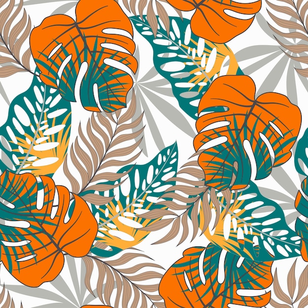 Abstract seamless tropical pattern with bright plants and leaves on a white background