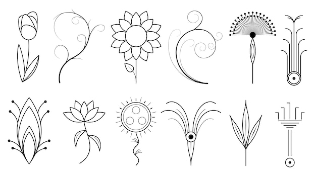 Abstract Set Doodle Elements Hand Drawn Collection Botanic Herbal Flora Leaf Branch Vine Flower Plan