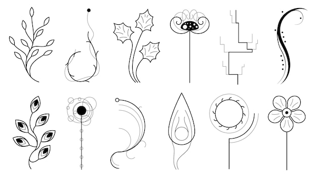 Abstract Set Doodle Hand Drawn Collection Botanic Herbal Flora Leaf Branch Vine Flower Plants