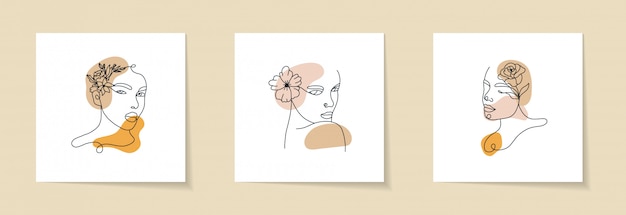 Abstract set with Woman face, silhouette and floral elements