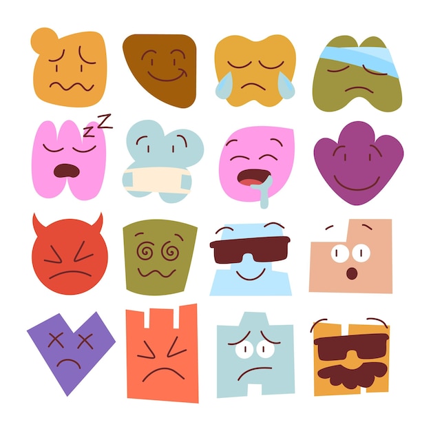 Abstract shape expression emoji face chunky Hippie Retro hippie stickers groovy emoticons