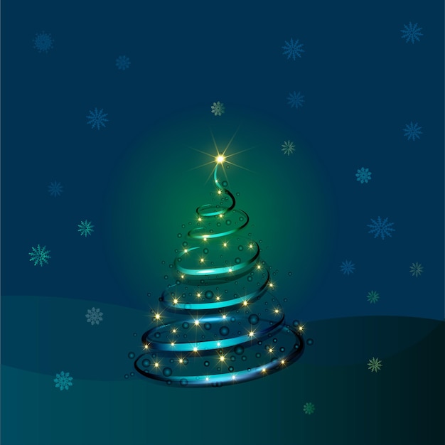 Abstract shining  Christmas tree on a blue background. Vector card.