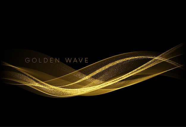 Abstract shiny color gold wave design element with glitter effect on dark background.