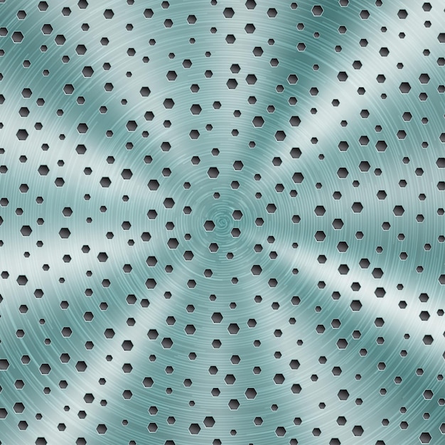 Abstract shiny metal background in light blue color with circular brushed texture and hexagonal holes