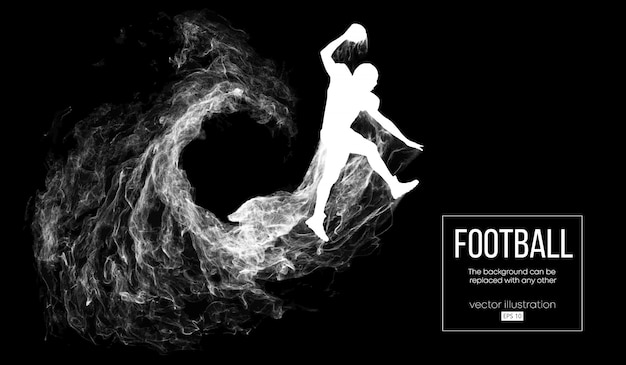 Abstract silhouette of a american football player on dark black background from particles, dust, smoke, steam. Football player jumping with ball. Rugby. 