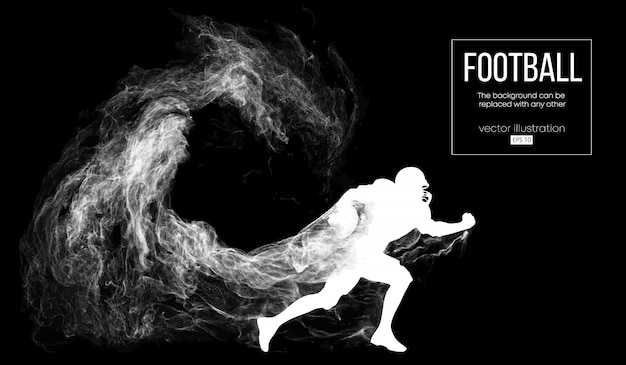 Abstract silhouette of a american football player on dark black background from particles, dust, smoke, steam.