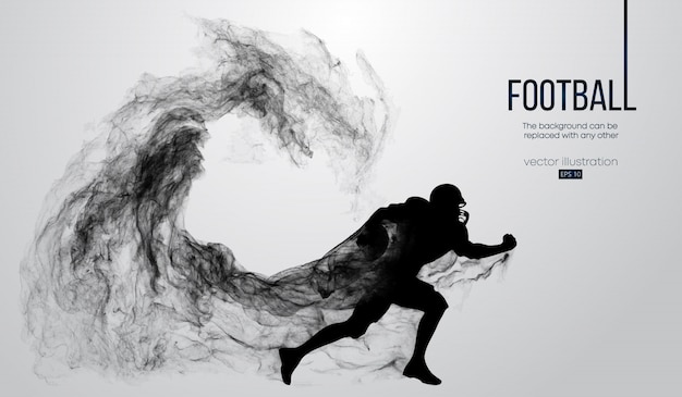 Abstract silhouette of a american football player on white background from particles, dust, smoke, steam. Football player running with ball. Rugby.