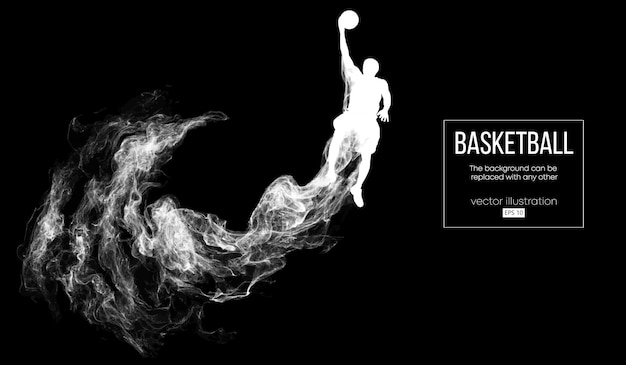 Abstract silhouette of a basketball player on dark black background from particles, dust, smoke, steam. Basketball player jumping and performs slam dunk. 