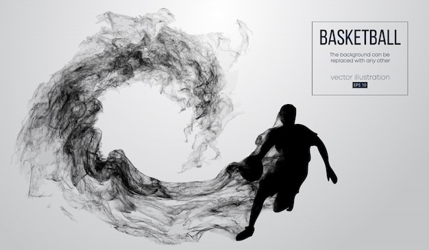 Abstract silhouette of a basketball player on white background from particles, dust, smoke, steam. Basketball player is running. 