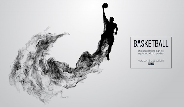 Abstract silhouette of a basketball player on white background from particles, dust, smoke, steam. Basketball player jumping and performs slam dunk. 