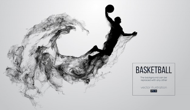 Abstract silhouette of a basketball player on white background from particles, dust, smoke, steam. Basketball player jumping and performs slam dunk. 