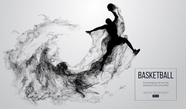 Abstract silhouette of a basketball player on white background from particles, dust, smoke, steam. Basketball player jumping and performs slam dunk. 