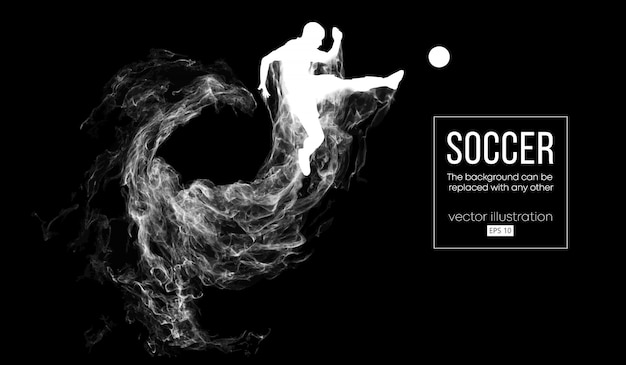 Abstract silhouette of a football player on dark black background from particles. Soccer player running, jumping with ball. World and european league. 