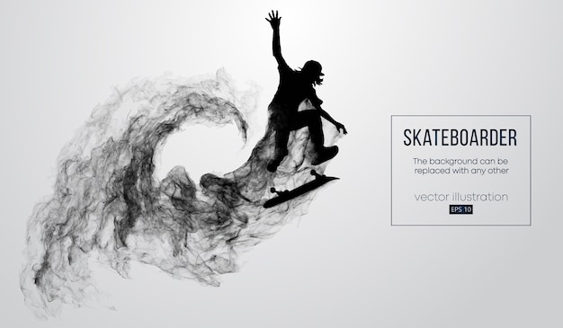 Abstract silhouette of a skateboarder on the white background from particles