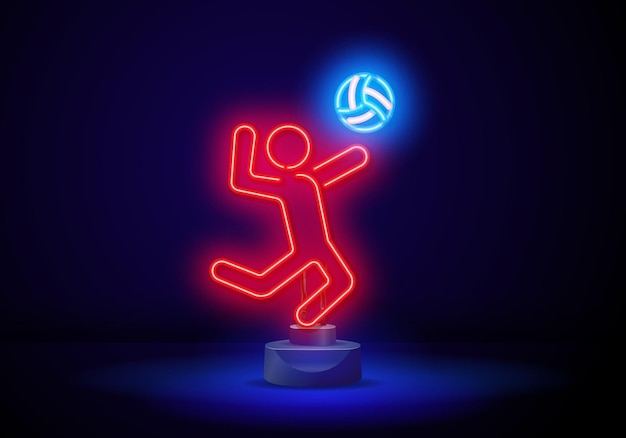 Abstract silhouette of a volleyball player on blue background Volleyball player man hits the ball Neon volleyball player or basketball player with a ball stick red color vector illustration