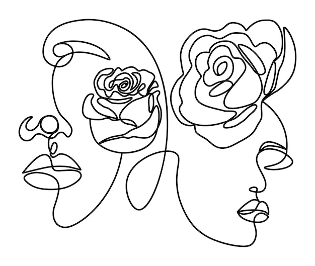 Abstract single line faces with flowers modern floral illustration