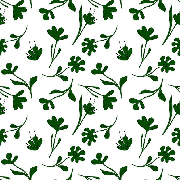 Abstract small floral seamless pattern on white background Green flowers meadow in doodle style