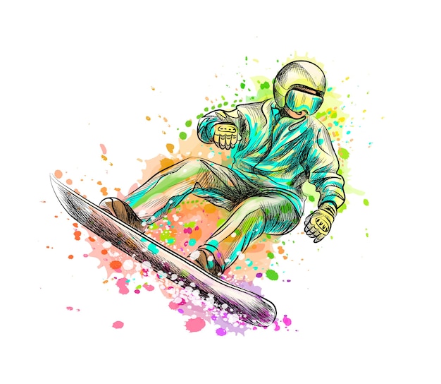 Abstract snowboarder from a splash of watercolor, hand drawn sketch.  illustration of paints