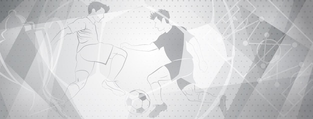 Abstract soccer background with a football players kicking the ball and other sport symbols in gray colors