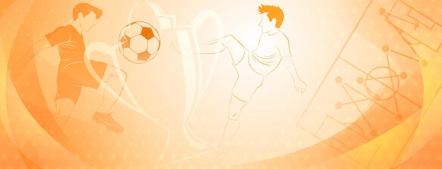 Abstract soccer background with a football players kicking the ball and other sport symbols in yellow colors