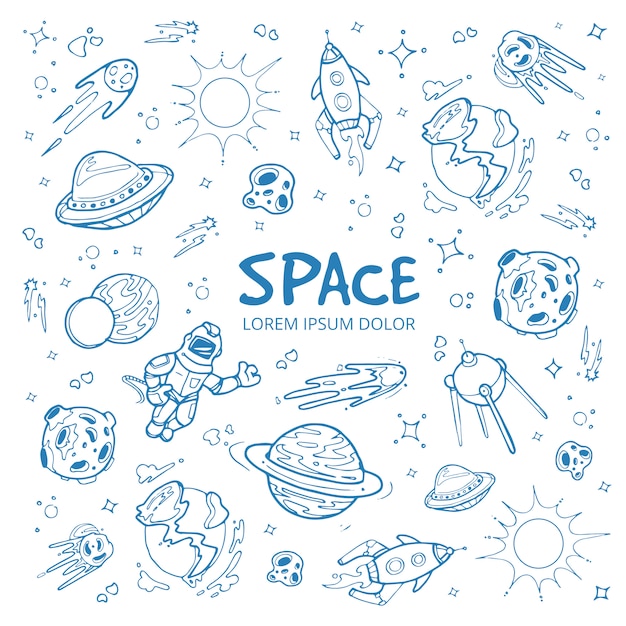 Abstract space background with planets, stars, spaceships and universe objects.