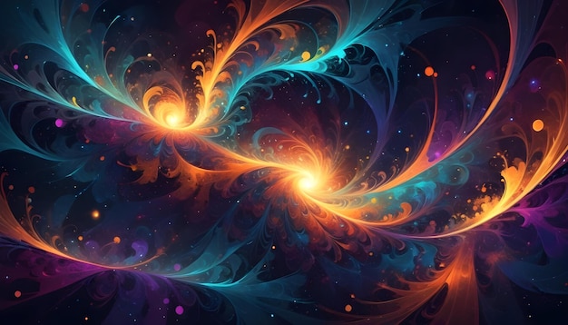 Abstract space scene with swirling patterns of blue orange and purple resembling nebulas or galaxies