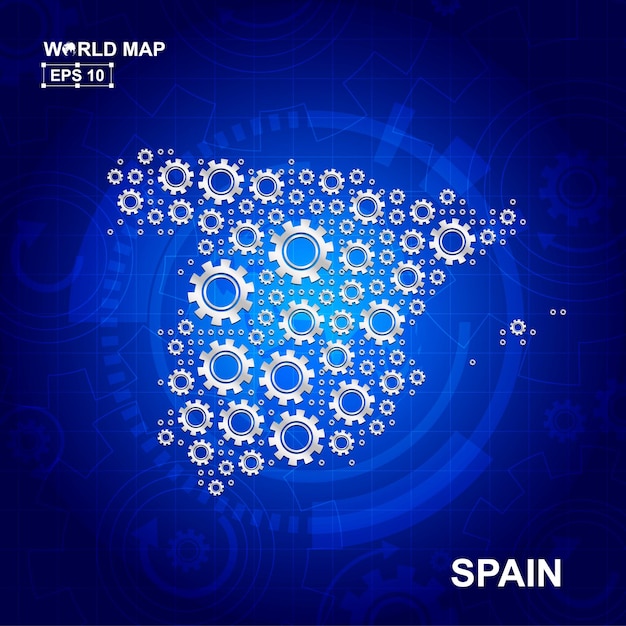 Abstract Spain map design with Transmission cog wheels and gears icon concept